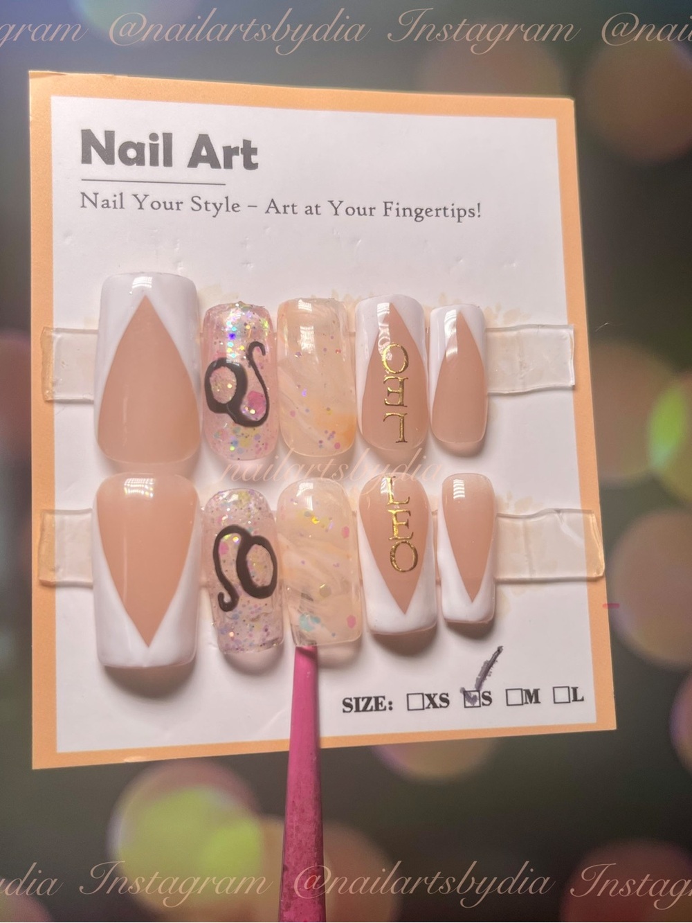Nude & White Press-On Nail Set with Glitter Accent
